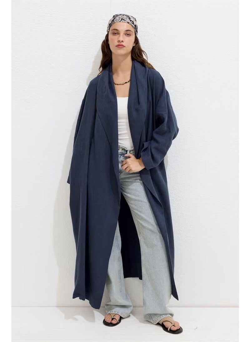 Manuka Hooded Linen Trench Coat Navy Blue - Image 4